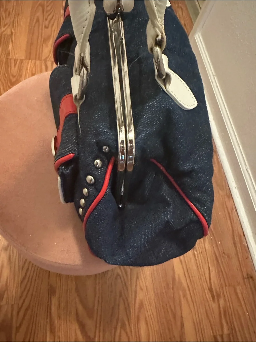 Navy Satchel with Red Trim and Cream Handles Euro Wellness Purse